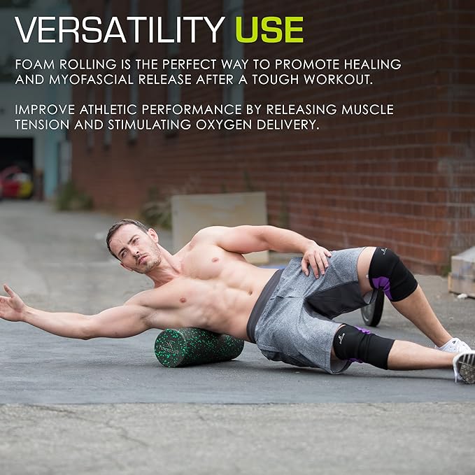 ProsourceFit High Density Foam Rollers 12 - inches Long, Firm Full Body Athletic Massage Tool for Back Stretching, Yoga, Pilates, Post Workout Muscle Recuperation, Black/Blue