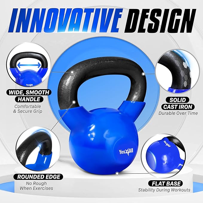 Yes4All Kettlebell, Vinyl Coated Kettlebell Cast Iron Sets with Stable Flat Bottom for Full Body Workout, Push up, Grip Strength Training & Weights Exercises
