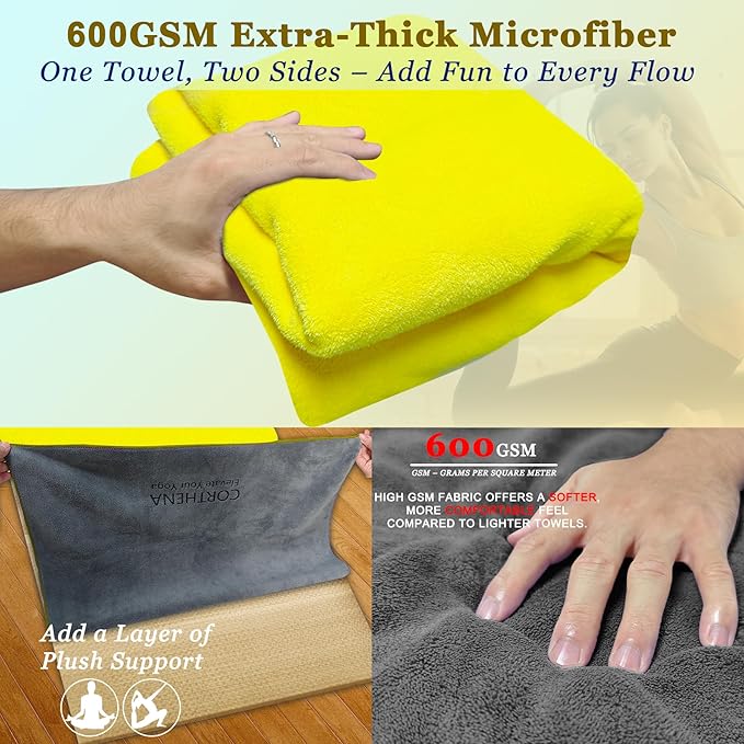 Hot Yoga Towel Set, 600GSM Yoga Mat Towel Extra Thick Dual-Color Microfiber, Soft Non-Slip Sweat Absorbent, 72" x 27.5" with Matching Hand Towel for Hot Yoga, Pilates, Fitness, Grey/Yellow