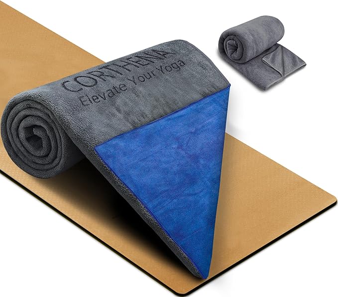 Hot Yoga Towel Set, 600GSM Yoga Mat Towel Extra Thick Dual-Color Microfiber, Soft Non-Slip Sweat Absorbent, 72" x 27.5" with Matching Hand Towel for Hot Yoga, Pilates, Fitness, Grey/Blue