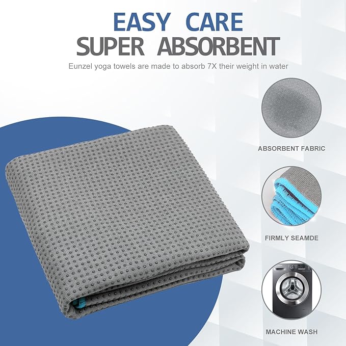 Eunzel Hot Yoga Towel - Microfiber Non Slip Yoga Mat Towel with Grip Dot Sweat Absorbent Towel for Hot Yoga, Pilates and Fitness 72" x 24", Grey/Blue