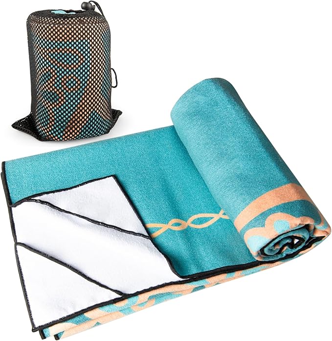 Colorful Star Yoga Towel with Corner Pockets, Non Slip Grip Dots Sweat Absorbent Hot Yoga Mat Towels, Yoga Blankets with Travel Bag, Mat Cover for Workout, Gym, Fitness - 70"x26", Turquoise Mandala