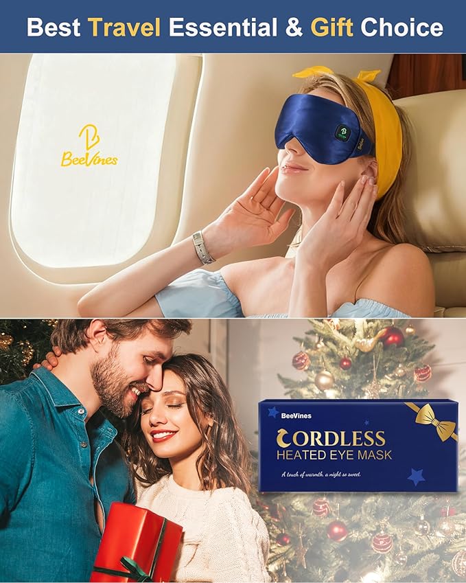 BeeVines Cordless Heated Eye Mask, Electric Heat Eye Masks for Dry Eyes, Light Blocking Warm Compress for Women Men, Rechargeable Eye Warmer with Travel Pouch & Washable Cover(Blue)