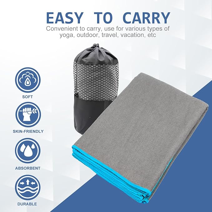 Eunzel Hot Yoga Towel - Microfiber Non Slip Yoga Mat Towel with Grip Dot Sweat Absorbent Towel for Hot Yoga, Pilates and Fitness 72" x 24", Grey/Blue