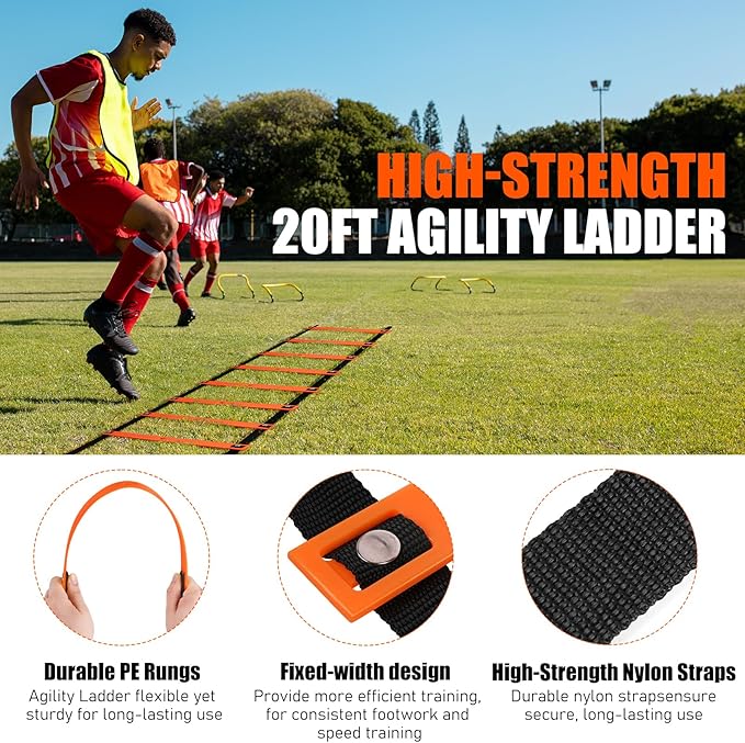 Agility Ladder, Soccer Speed Training Equipment, Football Practise Set with 20ft Ladder, 12 Cones, 4 Adjustable Hurdles, Jump Rope, Parachute, for Basketball, Football, Kids, Youth, Adults