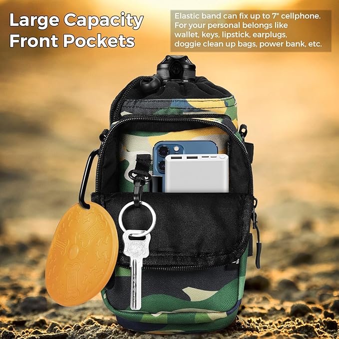 Nuovoware Water Bottle Carrier, 40oz Bottle Carrier Sports Insulated Water Bottle Holder with Adjustable Shoulder Strap, 2 Pockets Flask Sling Bag Drawstring Pouch for Climbing Hiking Walking