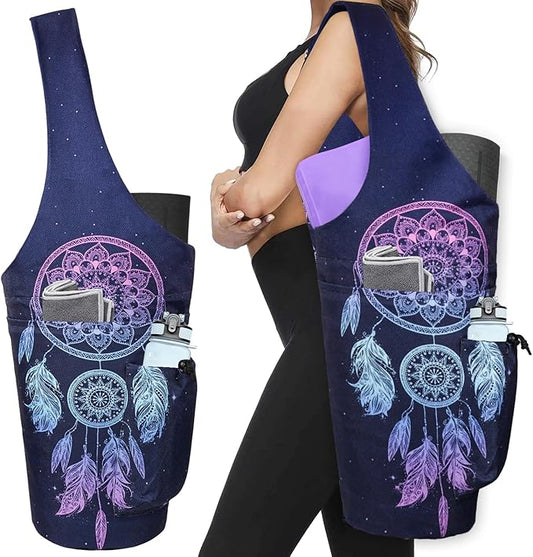 Yoga Mat Bag - Large Opening Long Tote Yoga Mat Carrier Holder Bag with Waterproof Wet Zipper Pocket and Drawstring Water Bottle Pocket - Yoga Bag Fit Most Size Mats