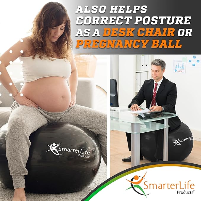 SmarterLife Exercise Ball Yoga Ball for Fitness, Balance, Stability, or Pregnancy, Gym Ball for Core Workout, Physical Therapy, Yoga Ball Chair for Office, Anti-Slip Anti-Burst