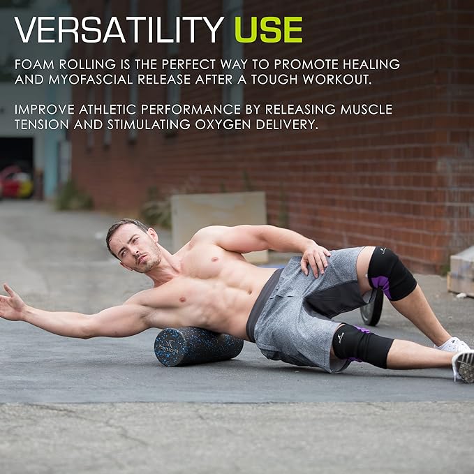 ProsourceFit High Density Foam Rollers 12 - inches Long, Firm Full Body Athletic Massage Tool for Back Stretching, Yoga, Pilates, Post Workout Muscle Recuperation, Black/Blue