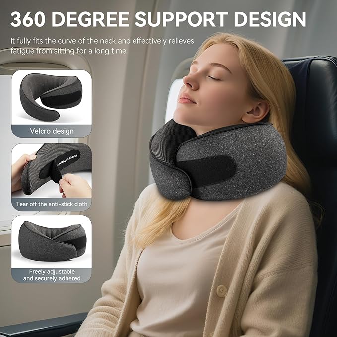 SZXYX Travel Pillows for Airplanes, 100% Pure Memory Foam Neck Pillow for Airplanes, Comfortable Breathable Cover, 360° Support Stowable Pillows for Sleeping, Car, Airport Travel Essentials Black L