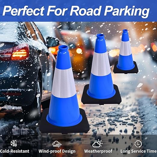 BESEA 8Pack 18 Inch Blue Traffic Cones with 6 Inch Reflective Collar, Heavy Duty PVC Safety Cones with 10.5 x 10.5 Inch Base for Parking, Driving Practice, Sports Training, and Construction