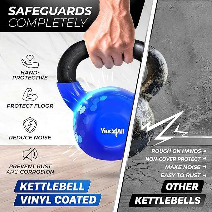 Yes4All Kettlebell, Vinyl Coated Kettlebell Cast Iron Sets with Stable Flat Bottom for Full Body Workout, Push up, Grip Strength Training & Weights Exercises