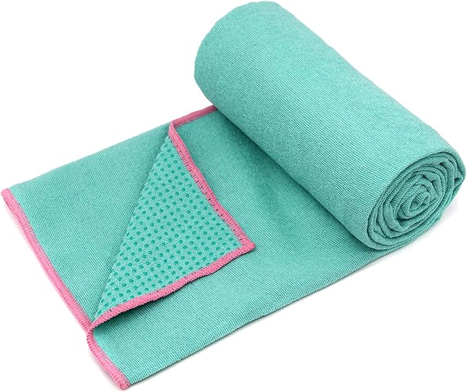 Eunzel Hot Yoga Towel - Microfiber Non Slip Yoga Mat Towel with Grip Dot Sweat Absorbent Towel for Hot Yoga, Pilates and Fitness 72" x 24", Teal/Pink