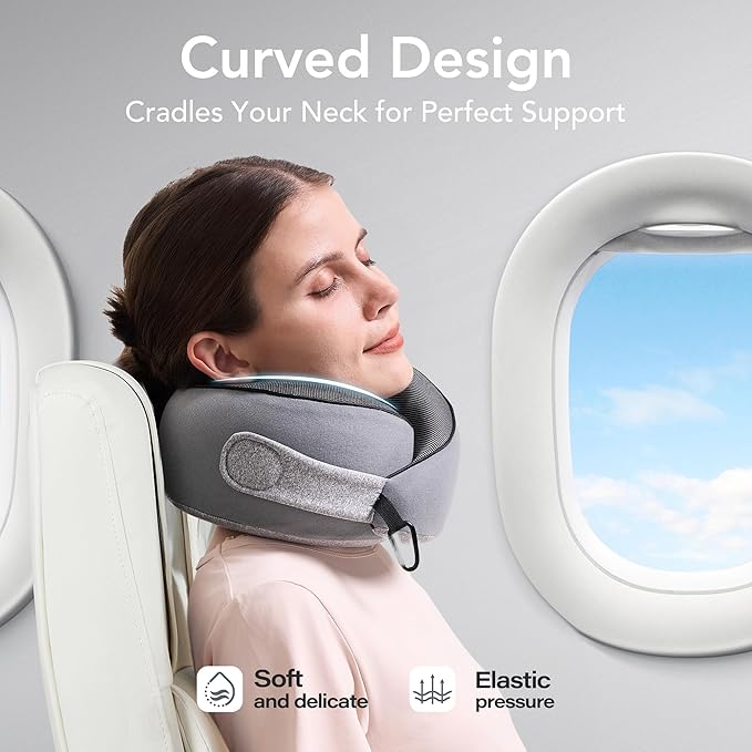 Travel Pillow, 100% Pure Memory Foam Travel Neck Pillow Airplane Neck Support Ergonomic Design for Traveling Suitable for Airplanes,Offices and Cars-Grey