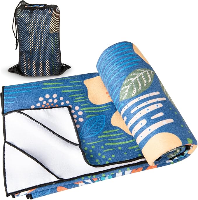 Colorful Star Yoga Towel with Corner Pockets, Non Slip Grip Dots Sweat Absorbent Hot Yoga Mat Towels, Yoga Blankets with Travel Bag, Mat Cover for Workout, Gym, Fitness - 74"x26", Blue Yellow Flowers