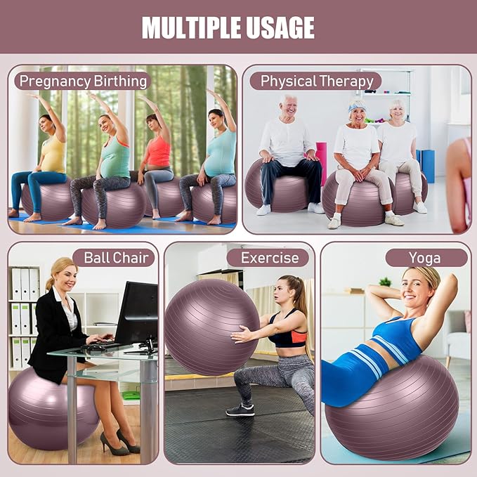 Leyndo 4 Pcs 26 Inch Yoga Exercise Ball Pilates Pregnancy Birthing Fitness Ball with Quick Pump Anti Burst for Improved Posture, Balance, Yoga, Pilates, Training