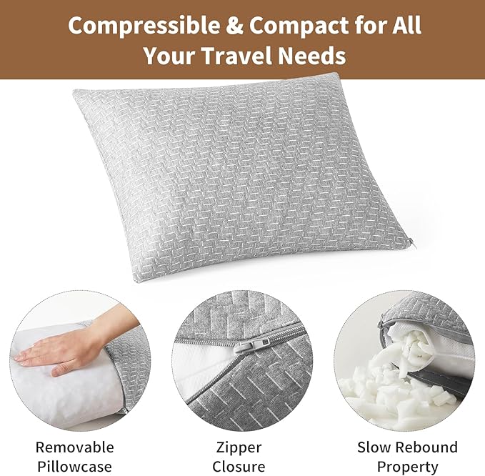 Camping Pillow Shredded Memory Foam Pillow, Compressible Travel Pillow Breathable Cover, Ideal Backpacking Airplane Hiking