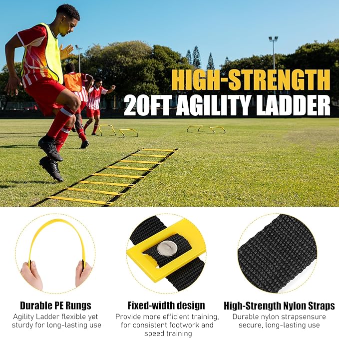 Agility Ladder, Soccer Speed Training Equipment, Football Practise Set with 20ft Ladder, 12 Cones, 4 Adjustable Hurdles, Jump Rope, Parachute, for Basketball, Football, Kids, Youth, Adults