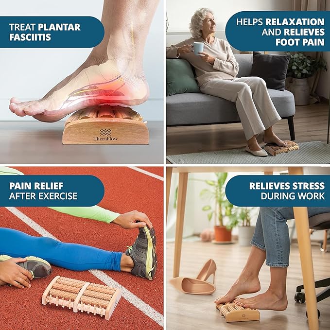TheraFlow Foot Massager for Plantar Fasciitis Relief - Mom Gifts for Women & Gifts for Dad, Wooden Foot Roller Massager with Deep Tissue & Reflexology Nubs (Includes Reflexology Chart)