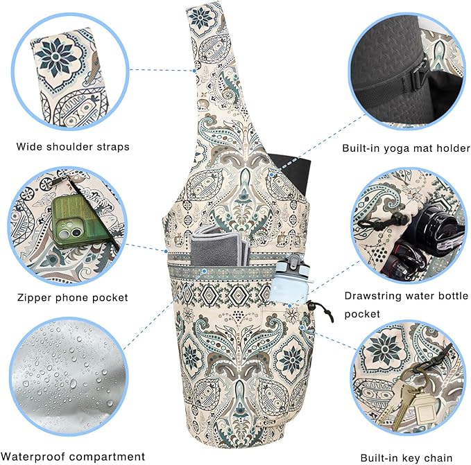 Yoga Mat Bag - Large Opening Long Tote Yoga Mat Carrier Holder Bag with Waterproof Wet Zipper Pocket and Drawstring Water Bottle Pocket - Yoga Bag Fit Most Size Mats