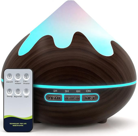 500ML Essential Oil Diffuser, Aromatherapy Diffuser with Remote Control, Multifunctional Air Diffusers for Home Office Room, Fragrance Aroma Diffuser with 7 Color LED & 2 Mist Mode, Dark Brown