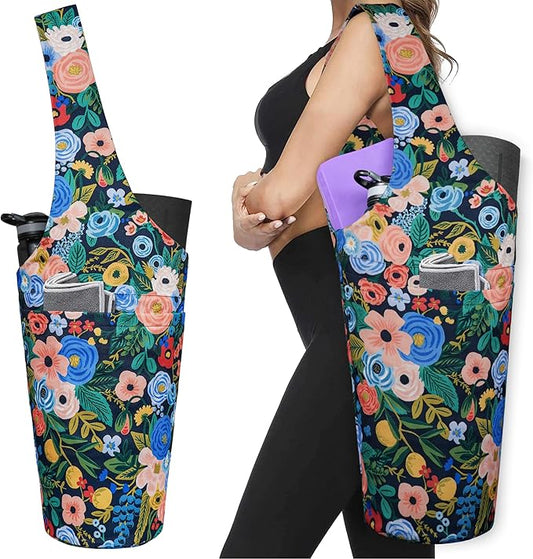 Fashion Printed Yoga Mat Bag with Large Side Pocket & Zipper Pocket Long Tote Yoga Bag Fit Most Size Mats - Holds More Yoga Accessories