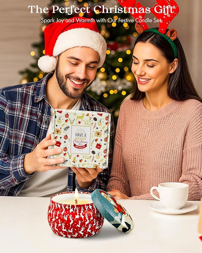 Christmas Candle Gift Set for Women, 4 Pack Long Lasting Soy Wax Candles with Lavender, Cookie, Fir & Cinnamon Apple Scents, Aromatherapy Candles for Home, Perfect Holiday Gifts