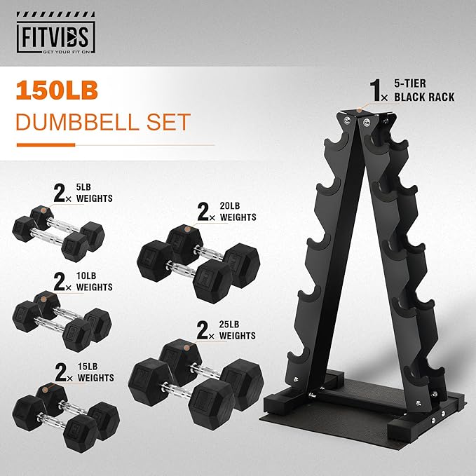 Fitvids Fitvids Rubber Coated Hex Dumbbell Weight Set and Storage Rack, 100LB Set or 150LB Set, 5-20 lbs Pairs or 5-25 lbs Pairs