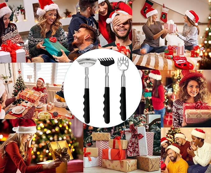 3 Pack Different Back Scratcher Metal Portable Telescoping with Rubber Handles, Extendable Back Massager Tool with Beautiful Box, Stocking Stuffers for Men Women Christmas Presents(Black)