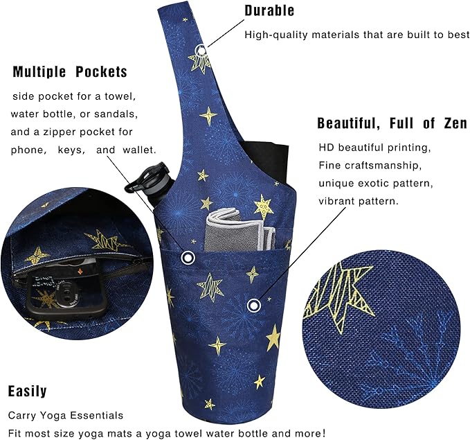 Fashion Printed Yoga Mat Bag with Large Side Pocket & Zipper Pocket Long Tote Yoga Bag Fit Most Size Mats - Holds More Yoga Accessories