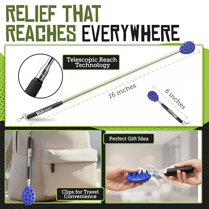 Cactus Scratcher Extendable Keychain Back Scratcher - 16" Long Stick Double Sided Retractable Scratching Tool for Hand, Neck, Head, and Body - Universal Gift for Family, Pets, and Friends, Blue