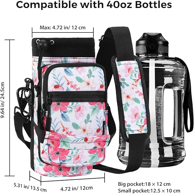 Nuovoware Water Bottle Carrier, 40oz Bottle Carrier Sports Insulated Water Bottle Holder with Adjustable Shoulder Strap, 2 Pockets Flask Sling Bag Drawstring Pouch for Climbing Hiking Walking