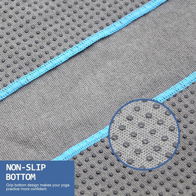 Eunzel Hot Yoga Towel - Microfiber Non Slip Yoga Mat Towel with Grip Dot Sweat Absorbent Towel for Hot Yoga, Pilates and Fitness 72" x 24", Grey/Blue