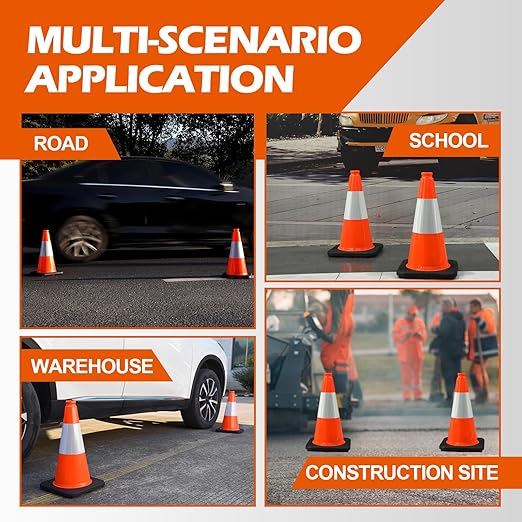 8 Pack 18" inch Fluorescent Orange PVC Traffic Safety Cones with Reflective Collars and Heavy Duty Rubber Base, Durable Cones for Parking, Construction, Roadwork and Driving Practice