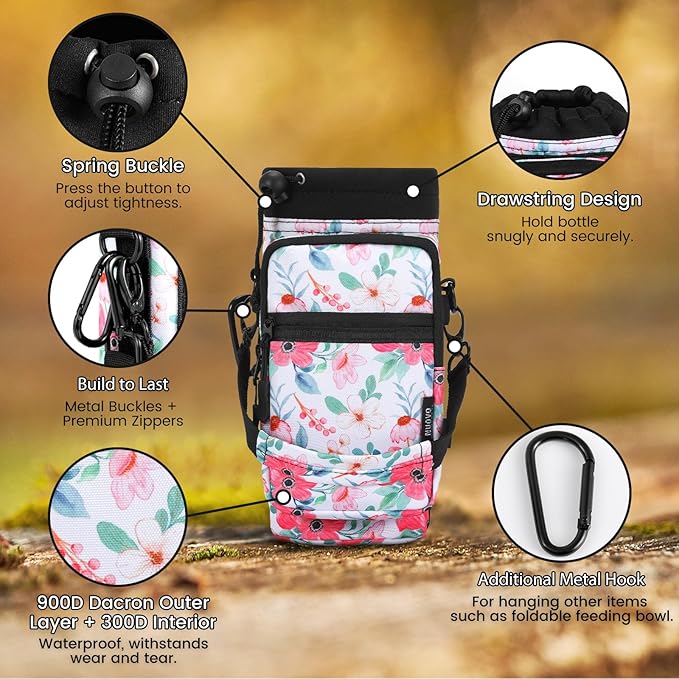 Nuovoware Water Bottle Carrier, 40oz Bottle Carrier Sports Insulated Water Bottle Holder with Adjustable Shoulder Strap, 2 Pockets Flask Sling Bag Drawstring Pouch for Climbing Hiking Walking