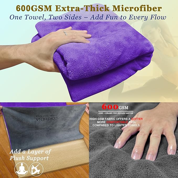 Hot Yoga Towel Set, 600GSM Yoga Mat Towel Extra Thick Dual-Color Microfiber, Soft Non-Slip Sweat Absorbent, 72" x 27.5" with Matching Hand Towel for Hot Yoga, Pilates, Fitness, Grey/Purple