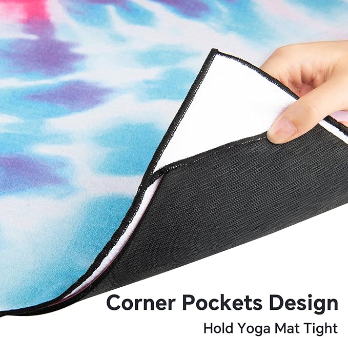 Colorful Star Large Yoga Towel with Corner Pockets, Non Slip Grip Dots Absorbent Hot Yoga Mat Towels, Yoga Blankets with Travel Bag, Mat Cover for Workout, Gym, Fitness - 74"x26", Pink Blue Tie-dye