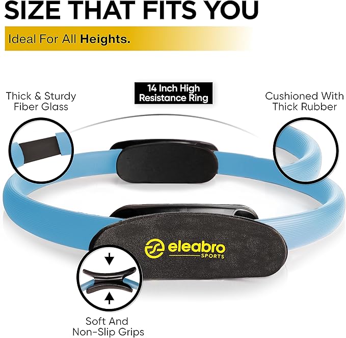 Eleabro Sports 14 inch Pilates Ring Circle - Magic Circle -with A1 Size Workout Poster, Inner Thigh Exercise Ring, Ideal for All Heights-Yoga Ring Fitness Ring with Soft Handles