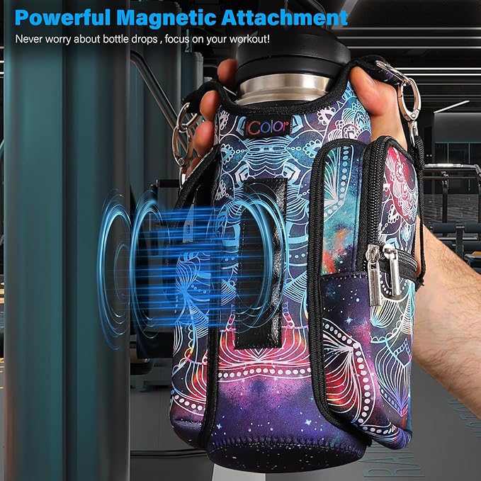 icolor Magnetic Gym Bag Water Bottle Carrier Holder with Phone Pockets & Shoulder Strap,Gym Magnetic Bag 5 Built-in Magnets Gym Accessories Organizer Magnetic Bottle Pouch Sleeve for Men Women