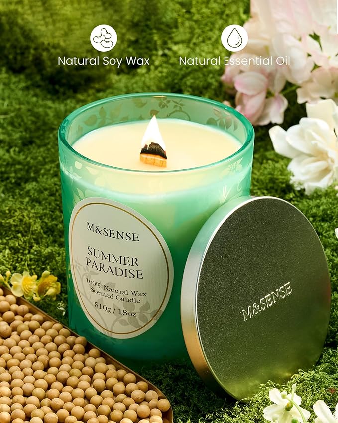 M&SENSE Summer Paradise Scented Candle, Cracking Wooden Wick Soy Wax, 18oz 100 Hours Long Lasting Clean Burn, Large Jar Candles for Home Decor, Non-Toxic Relaxing Aromatherapy Gifts for Women