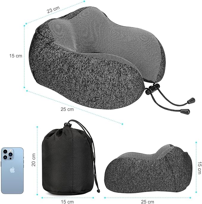 SKYANA Travel Pillow 100% Pure Memory Foam Neck Pillow, Comfortable & Breathable Cover, Machine Washable, Airplane Travel Kit with 3D Contoured Eye Masks, Earplugs, and Luxury .Dark Gray.