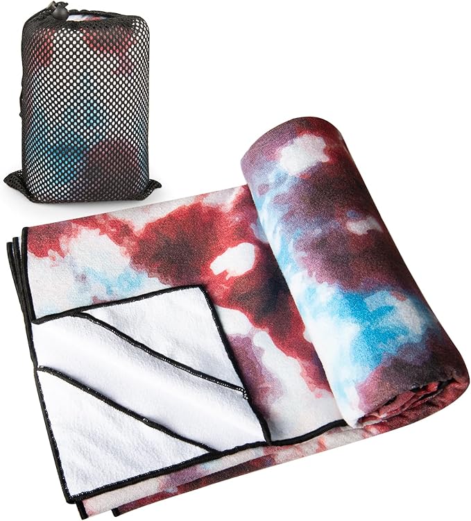 Colorful Star Large Yoga Towel with Corner Pockets, Non Slip Grip Dots Sweat Absorbent Hot Yoga Mat Towels, Yoga Blankets with Travel Bag, Mat Cover for Workout, Gym, Fitness - 74"x26", Bold Tie-dye