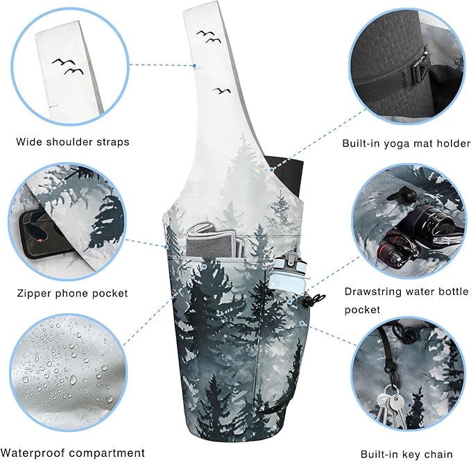 Yoga Mat Bag - Large Opening Long Tote Yoga Mat Carrier Holder Bag with Waterproof Wet Zipper Pocket and Drawstring Water Bottle Pocket - Yoga Bag Fit Most Size Mats