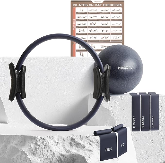 Pilates Kit, 15-Inch Pilates Ring with 1x Core Ball, 3X Resistant Loops and 2X Flex Bands, Home Pilates on Mat Essential Kit