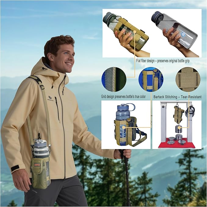 MOLLE Water Bottle bag - Bottle Holder Carrier Sling with Strap for Walking - Manual Strap Adjustment for Precise Fit of Most 18-64 oz Bottles (Check Size Fit Guide), Khaki