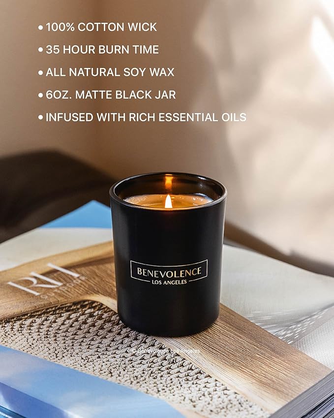Benevolence LA Clearance Candles Bergamot & Jasmine Scented Candle | Soy Black Candle for Home | Gifts for Women and Men | Home Fragrance | Aromatherapy | 6oz