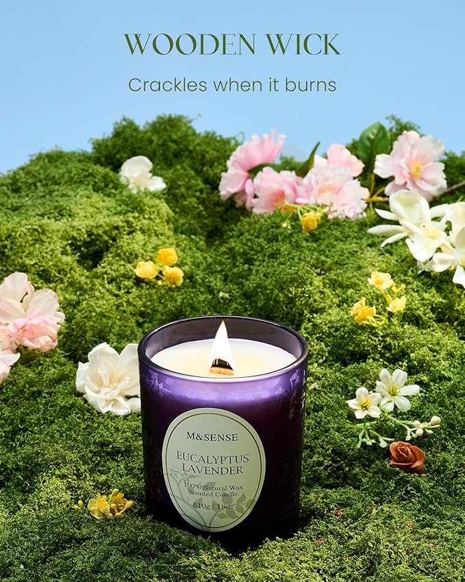 M&SENSE Eucalyptus Lavender Scented Candle, Cracking Wooden Wick Soy Wax, 18oz 100 Hours Long Lasting Clean Burn, Large Jar Candles for Home Decor, Non-Toxic Relaxing Aromatherapy Gifts for Women