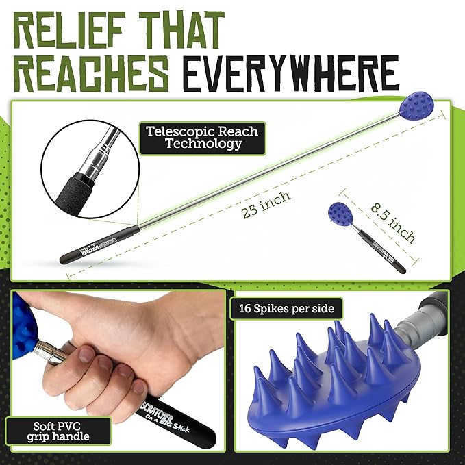 Cactus Scratcher Extendable Telescopic Back Scratcher - Extends 25" Long Double Sided Retractable Scratching Tool for Hand, Neck, Head, and Body - Universal Gift for Family, Pets, and Friends, Blue
