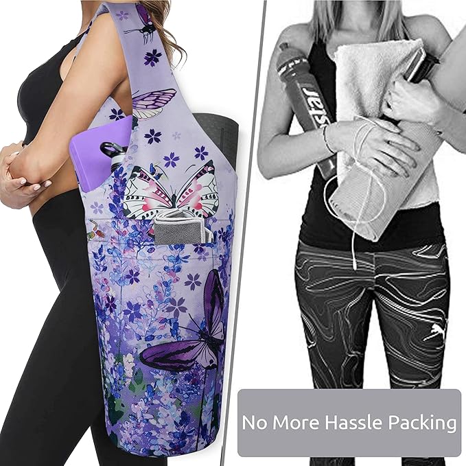Fashion Printed Yoga Mat Bag with Large Side Pocket & Zipper Pocket Long Tote Yoga Bag Fit Most Size Mats - Holds More Yoga Accessories