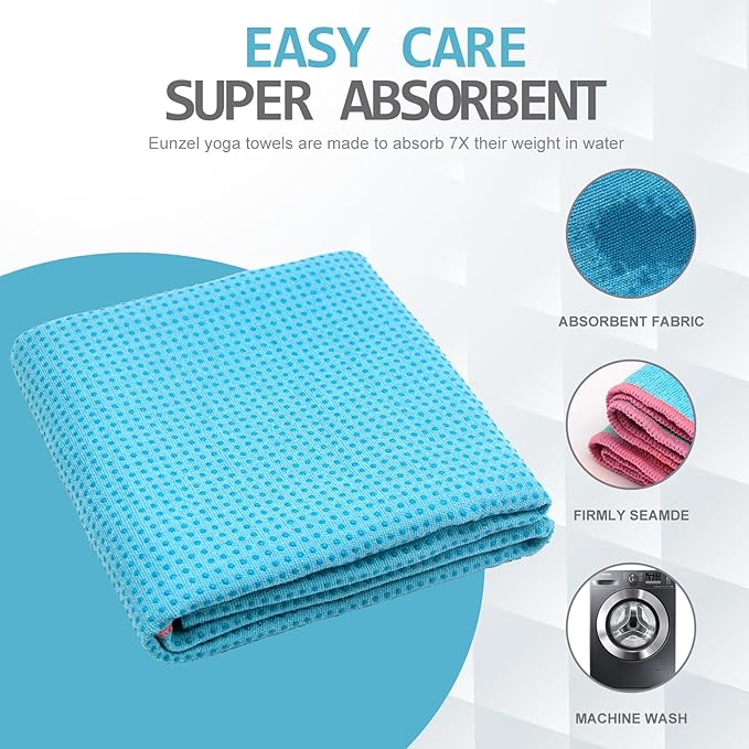 Eunzel Hot Yoga Towel - Microfiber Non Slip Yoga Mat Towel with Grip Dot Sweat Absorbent Towel for Hot Yoga, Pilates and Fitness 72" x 24", Sky Blue/Pink